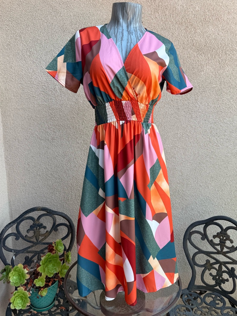 Abstract Colorblock Midi Dress with Elastic Waist - Pink & Orange